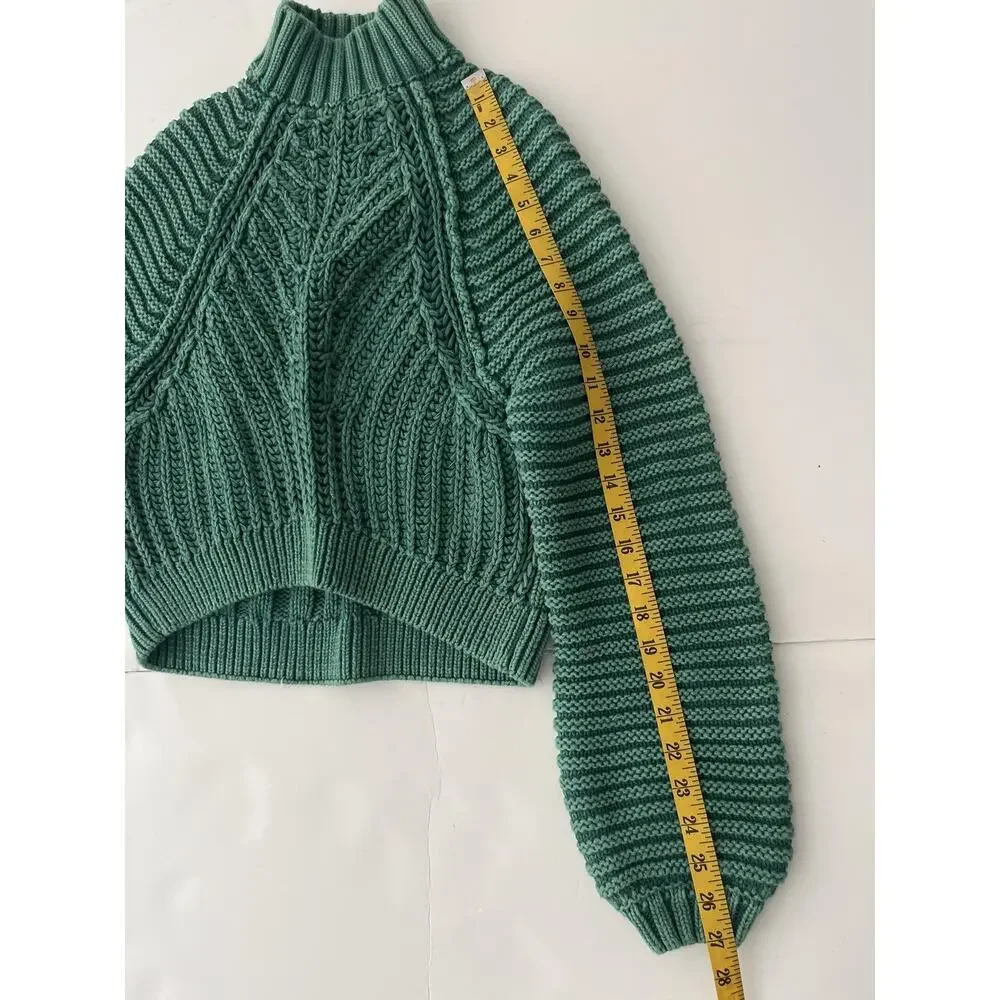 Free People Sweater Womens XS Green Cable Knit Mock Neck Cropped Cotton Raglan